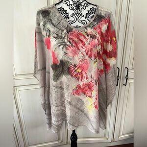 Laura Ashley Size Small Island Cove Floral Print Sheer Poncho w Lace/Rhinestones